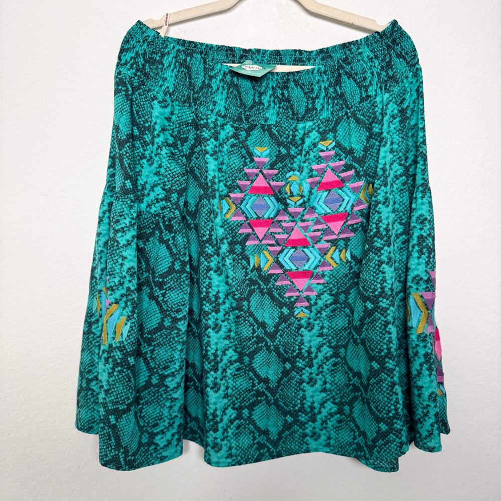 Judith March Womens Embroidered Blouse Size L Artsy Off Shoulder Flowy Green